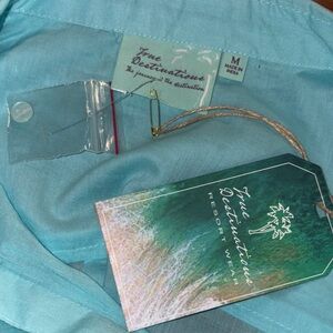 ☀️🏝️NWT True Destinations Resort Wear Caribbean Blue Aqua long  Button-Up Shirt